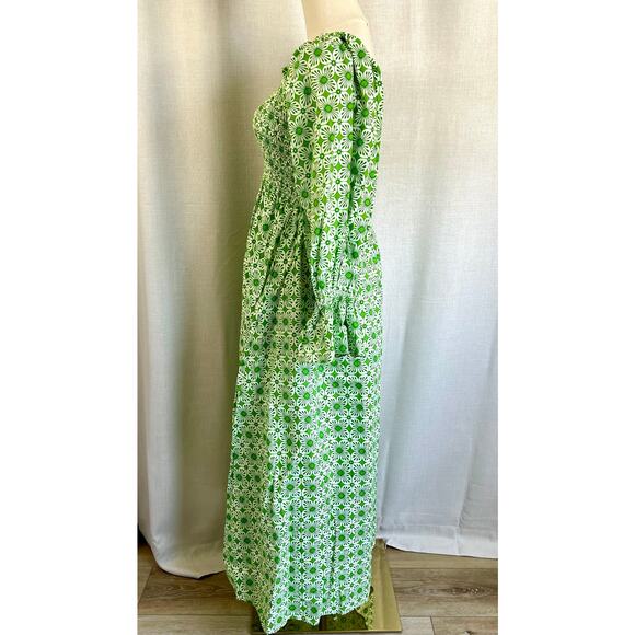 Elizabeth Wilson 100% Cotton Green White Smocked Ruched Floral Maxi Dress Small - Picture 5 of 9